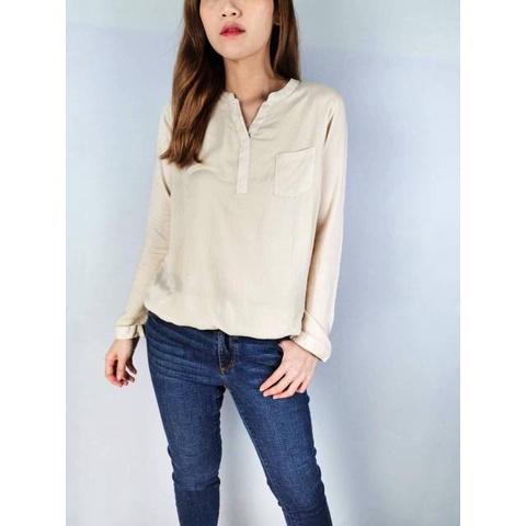 Splash beige longsleeve textured cotton single blouse