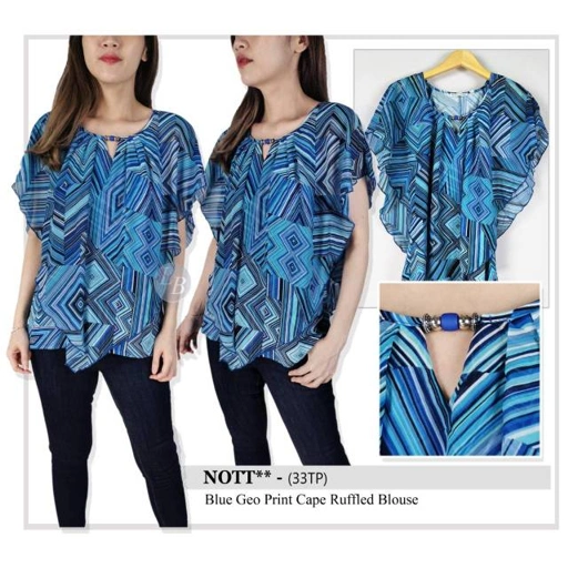 Image of Nottion's blue geo print cape ruffled blouse
