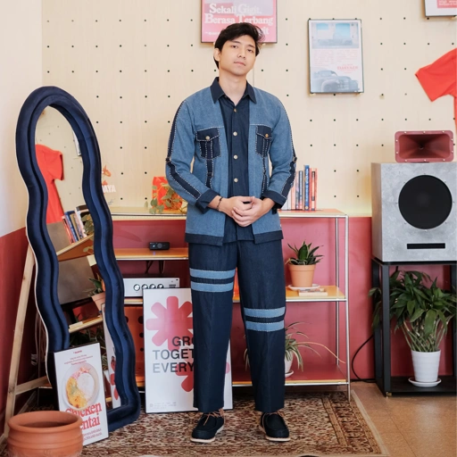 Image of NEU MEN Oneset Pria Calestial Jacket Pants Pria Soft Denim Premium