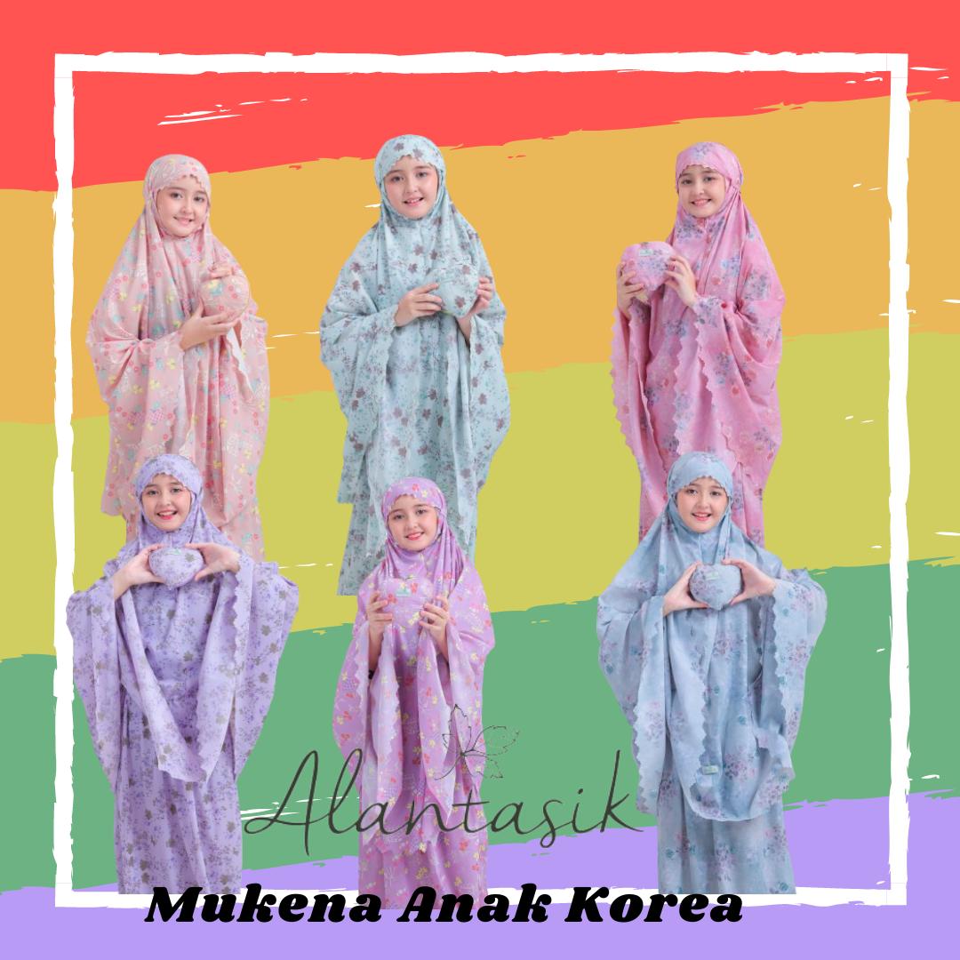 ALANTASIK - MUKENA Anak Tanggung travel 2in1 PARASUT motif bunga LOVE CINTA KOREA sleting dagu 2in1 KEMASAN MINI POUCH Panjang Muslim