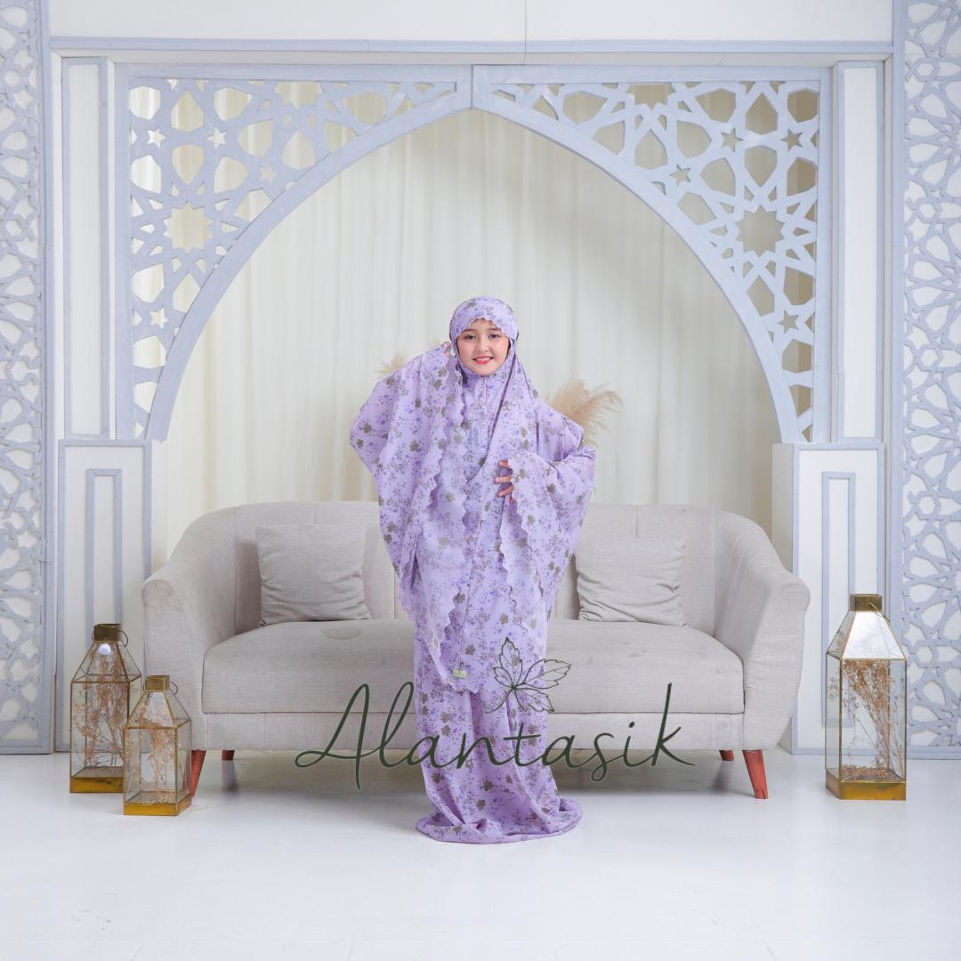 ALANTASIK - MUKENA Anak Tanggung travel 2in1 PARASUT motif bunga LOVE CINTA KOREA sleting dagu 2in1 KEMASAN MINI POUCH Panjang Muslim