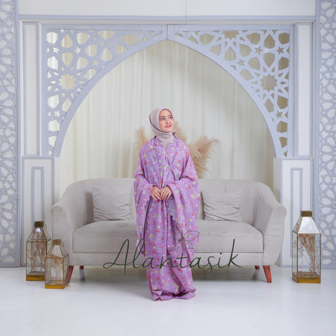 ALANTASIK - MUKENA Anak Tanggung travel 2in1 PARASUT motif bunga LOVE CINTA KOREA sleting dagu 2in1 KEMASAN MINI POUCH Panjang Muslim