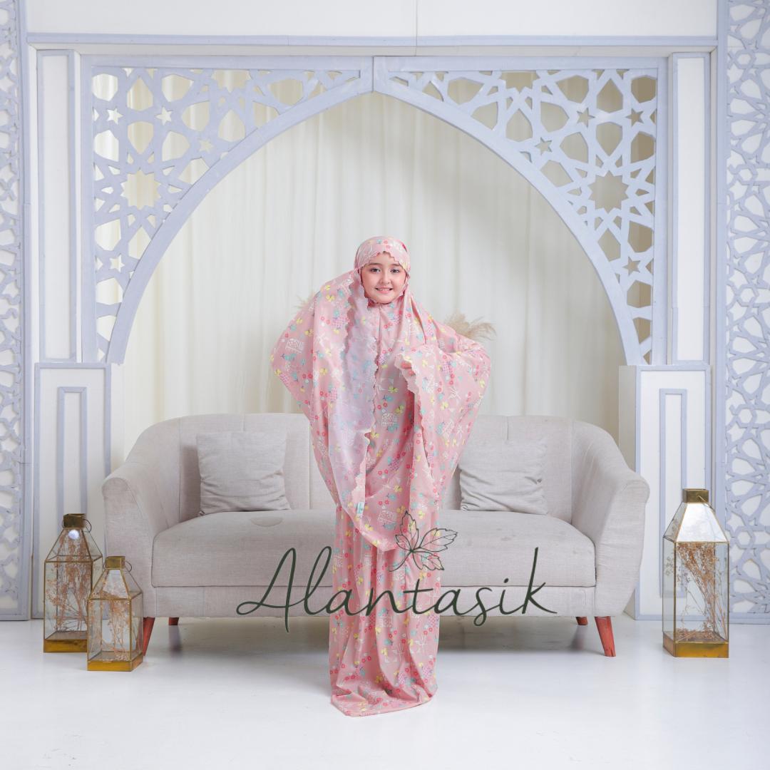 ALANTASIK - MUKENA Anak Tanggung travel 2in1 PARASUT motif bunga LOVE CINTA KOREA sleting dagu 2in1 KEMASAN MINI POUCH Panjang Muslim