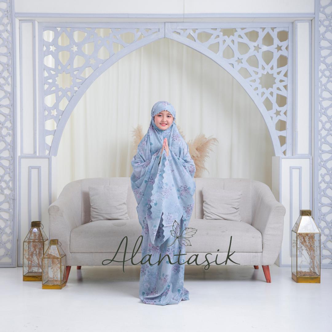 ALANTASIK - MUKENA Anak Tanggung travel 2in1 PARASUT motif bunga LOVE CINTA KOREA sleting dagu 2in1 KEMASAN MINI POUCH Panjang Muslim
