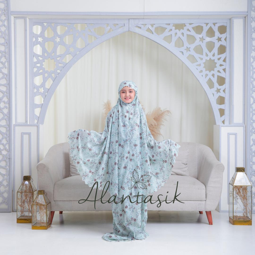 ALANTASIK - MUKENA Anak Tanggung travel 2in1 PARASUT motif bunga LOVE CINTA KOREA sleting dagu 2in1 KEMASAN MINI POUCH Panjang Muslim
