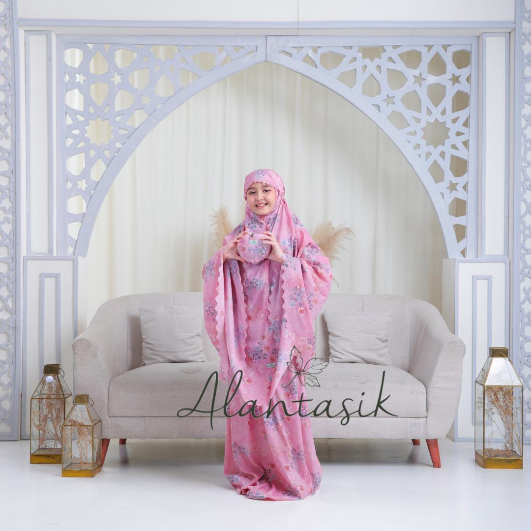 ALANTASIK - MUKENA Anak Tanggung travel 2in1 PARASUT motif bunga LOVE CINTA KOREA sleting dagu 2in1 KEMASAN MINI POUCH Panjang Muslim