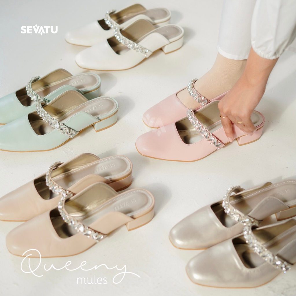Sepatu Wanita Queeny Beads Mules (White, Nude, Misty Jade, Cream Pearl, Dusty Pink) by Sevatu