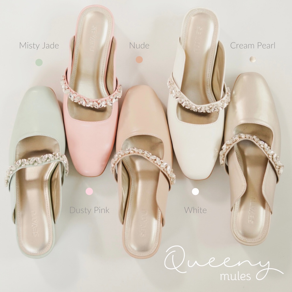 Sepatu Wanita Queeny Beads Mules (White, Nude, Misty Jade, Cream Pearl, Dusty Pink) by Sevatu