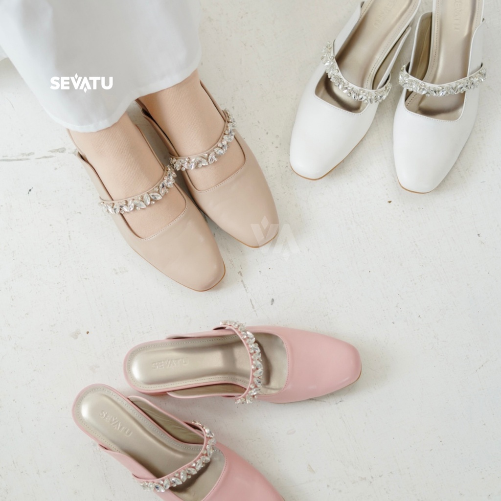 Sepatu Wanita Queeny Beads Mules (White, Nude, Misty Jade, Cream Pearl, Dusty Pink) by Sevatu