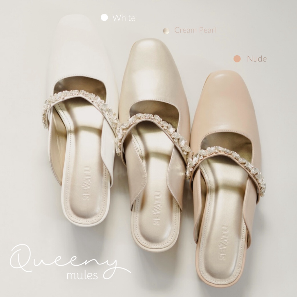 Sepatu Wanita Queeny Beads Mules (White, Nude, Misty Jade, Cream Pearl, Dusty Pink) by Sevatu