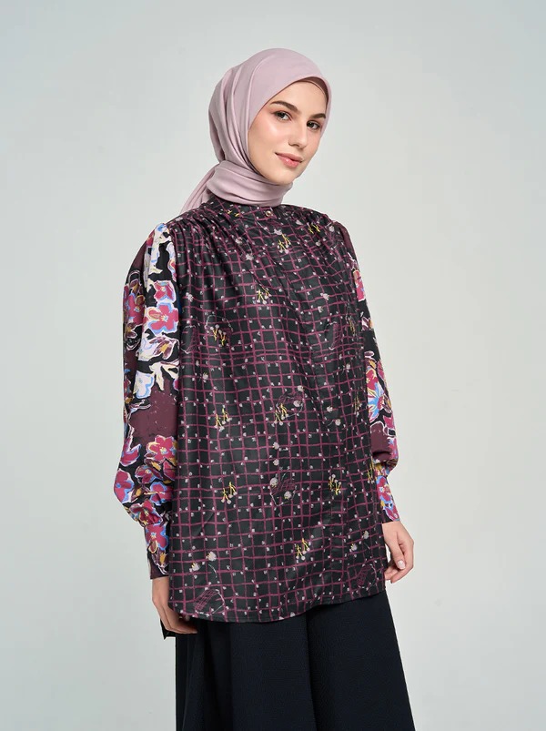 SARA PUFF SLEEVE TOP  BLACK BURGUNDY - KAMI