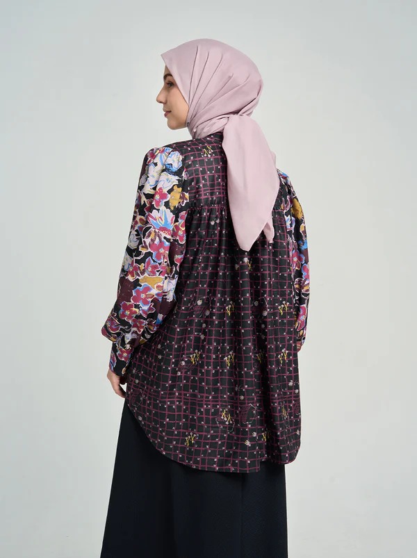 SARA PUFF SLEEVE TOP  BLACK BURGUNDY - KAMI