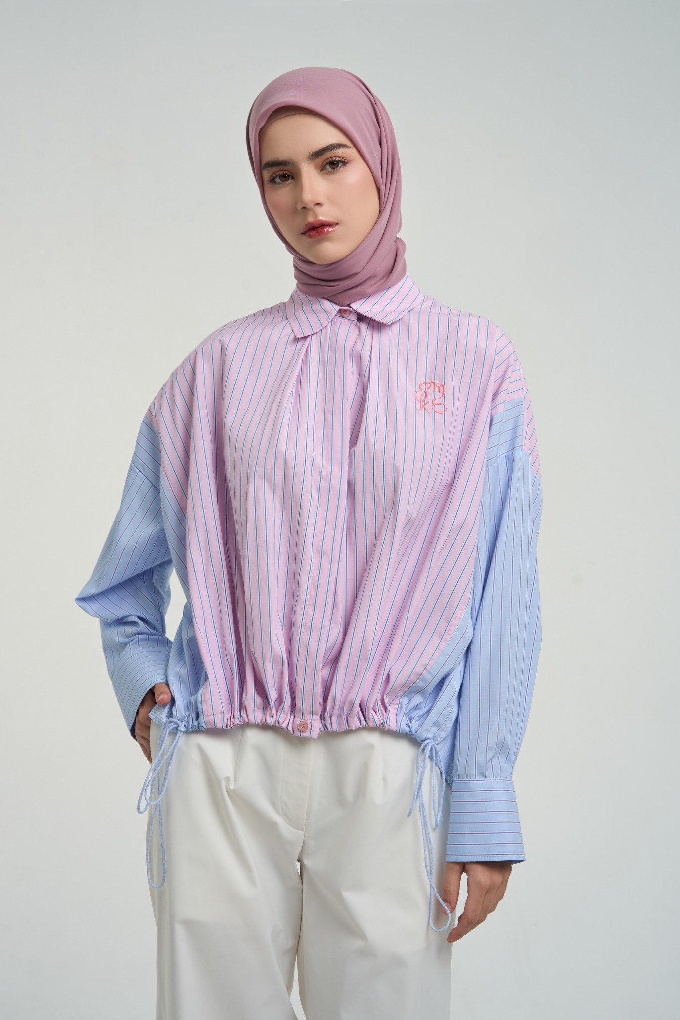 YUA GATHERED TOP PINK BLUE - KAMI