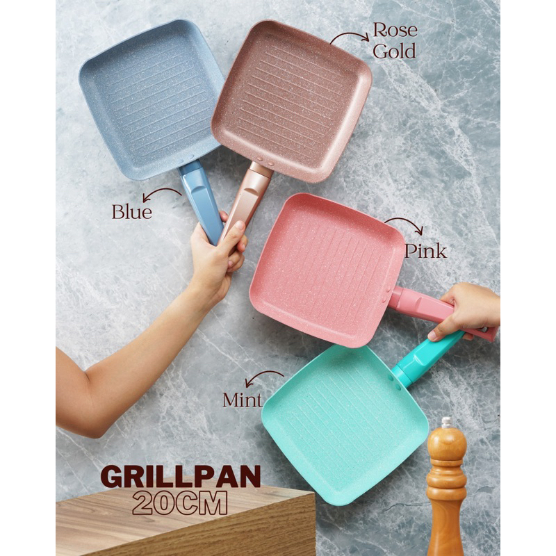 Grill Pan 20cm / Panci Wajan Panggang BBQ Anti Lengket Granite - Mint, Pink, Rose Gold, Blue, Creamy