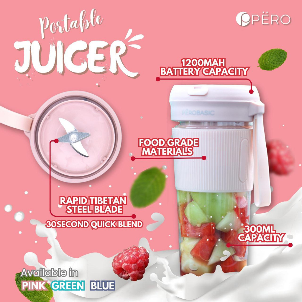 PERO Basic Portable Juicer 300ml / Mesin Portable Blender Jus Multifungsi - Pink, Green, Blue