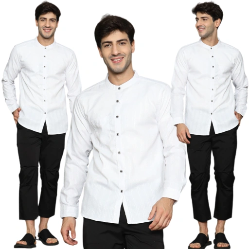 Image of Kemko Putih Muslim Baju Koko Pria Lengan Panjang Putih Motif Salur