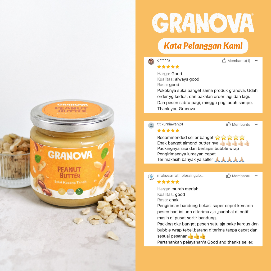 Granova - Selai Kacang Tanah 220gr / Peanut Butter (Unsweetened / Tanpa Gula, Vegan, Tanpa Minyak Tambahan)