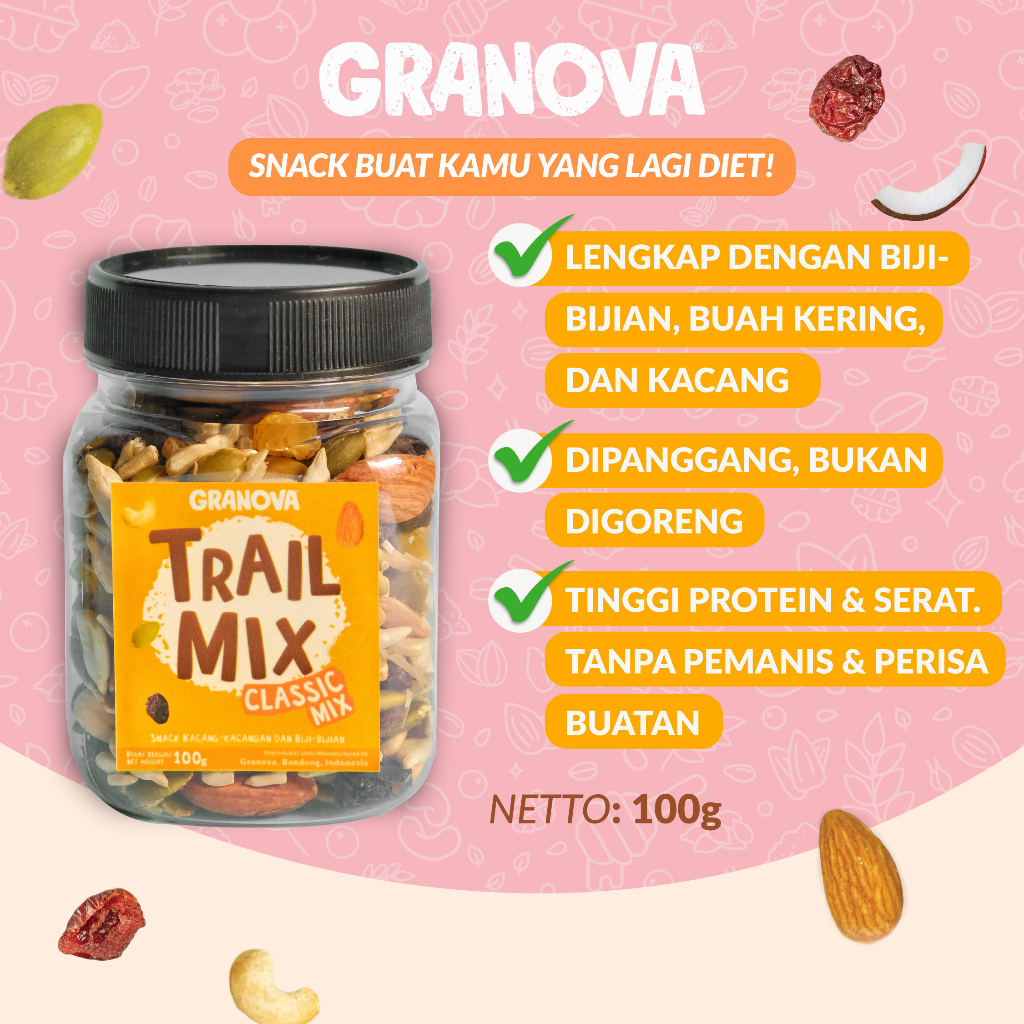 Granova - Trail Mix Classic / Cemilan Kacang Panggang, Biji-Bijian, Buah Kering 100gr