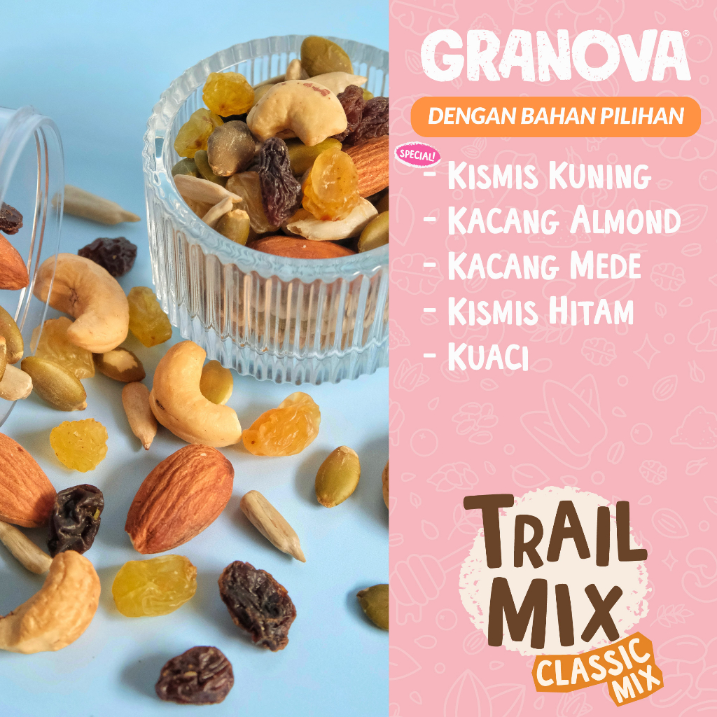 Granova - Trail Mix Classic / Cemilan Kacang Panggang, Biji-Bijian, Buah Kering 100gr