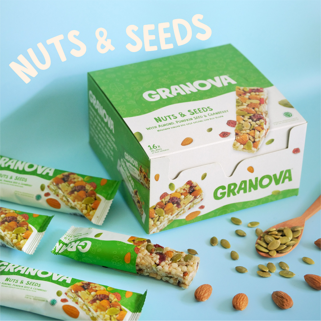 Granova - Snackbar Nuts & Seeds 26gr x 16 pcs (Rasa Original) - Cemilan Sehat, Gandum, Halal