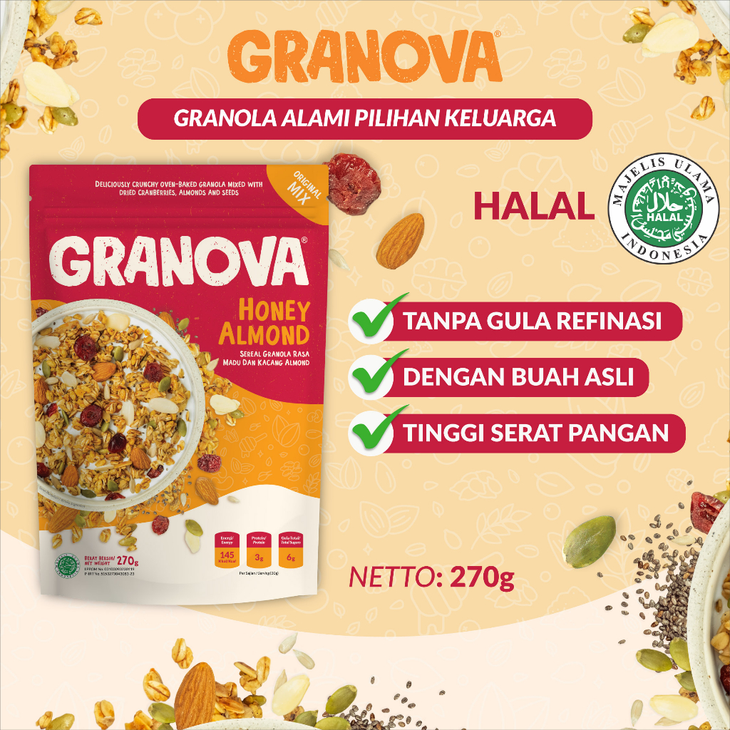 Granova - Granola Honey Almond (Madu & Almond) 100gr / 270gr - Sereal, Sarapan Sehat, Halal