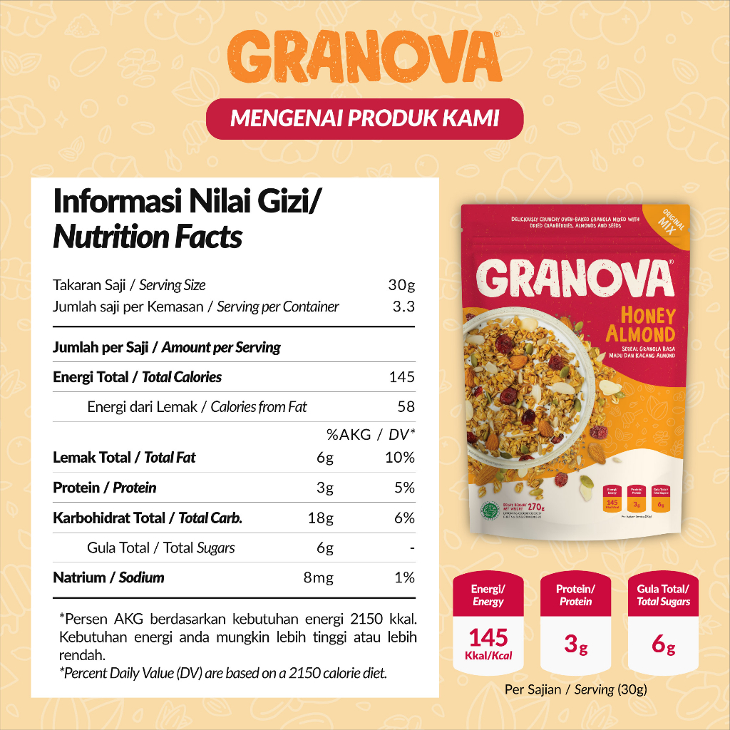 Granova - Granola Honey Almond (Madu & Almond) 100gr / 270gr - Sereal, Sarapan Sehat, Halal
