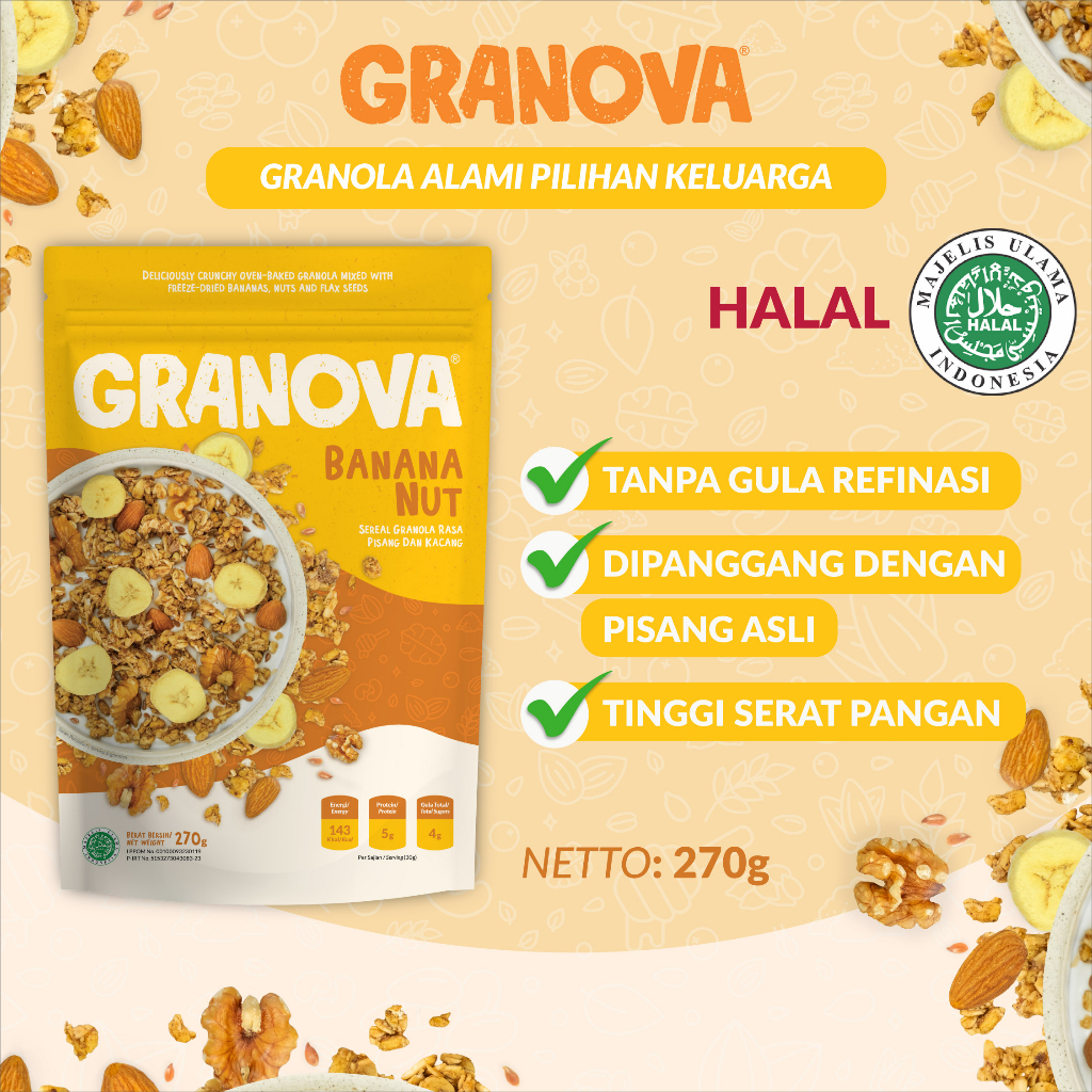 Granova - Granola Banana Nut (Pisang & Kacang) 100gr / 270gr - Sereal, Sarapan Sehat, Halal