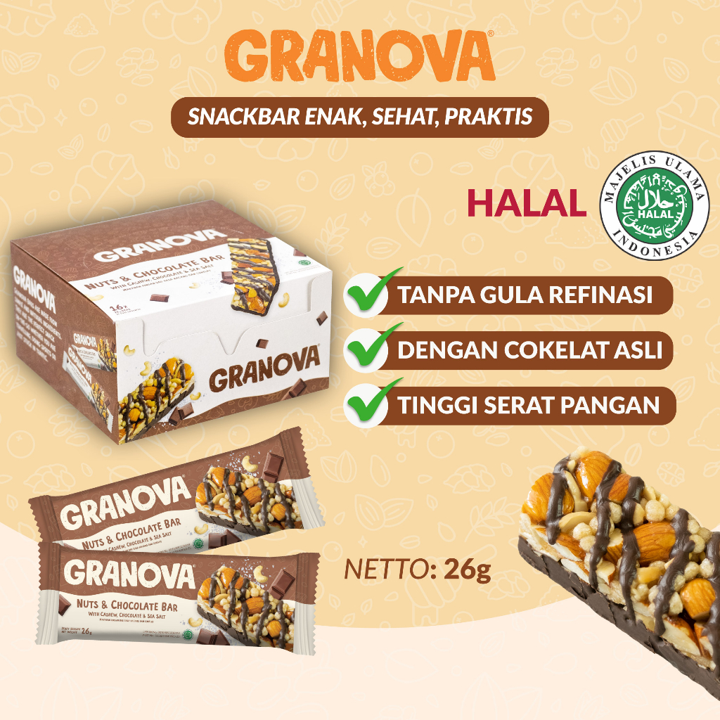 Granova - Snackbar Nuts & Chocolate 26gr x 16 pcs (Rasa Coklat) - Cemilan Sehat, Gandum, Halal