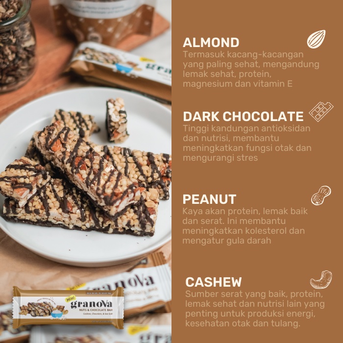 Granova - Snackbar Nuts & Chocolate 26gr x 16 pcs (Rasa Coklat) - Cemilan Sehat, Gandum, Halal