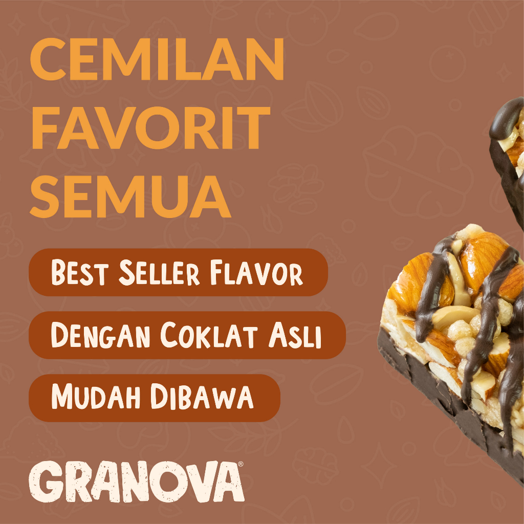Granova - Snackbar Nuts & Chocolate 26gr x 16 pcs (Rasa Coklat) - Cemilan Sehat, Gandum, Halal