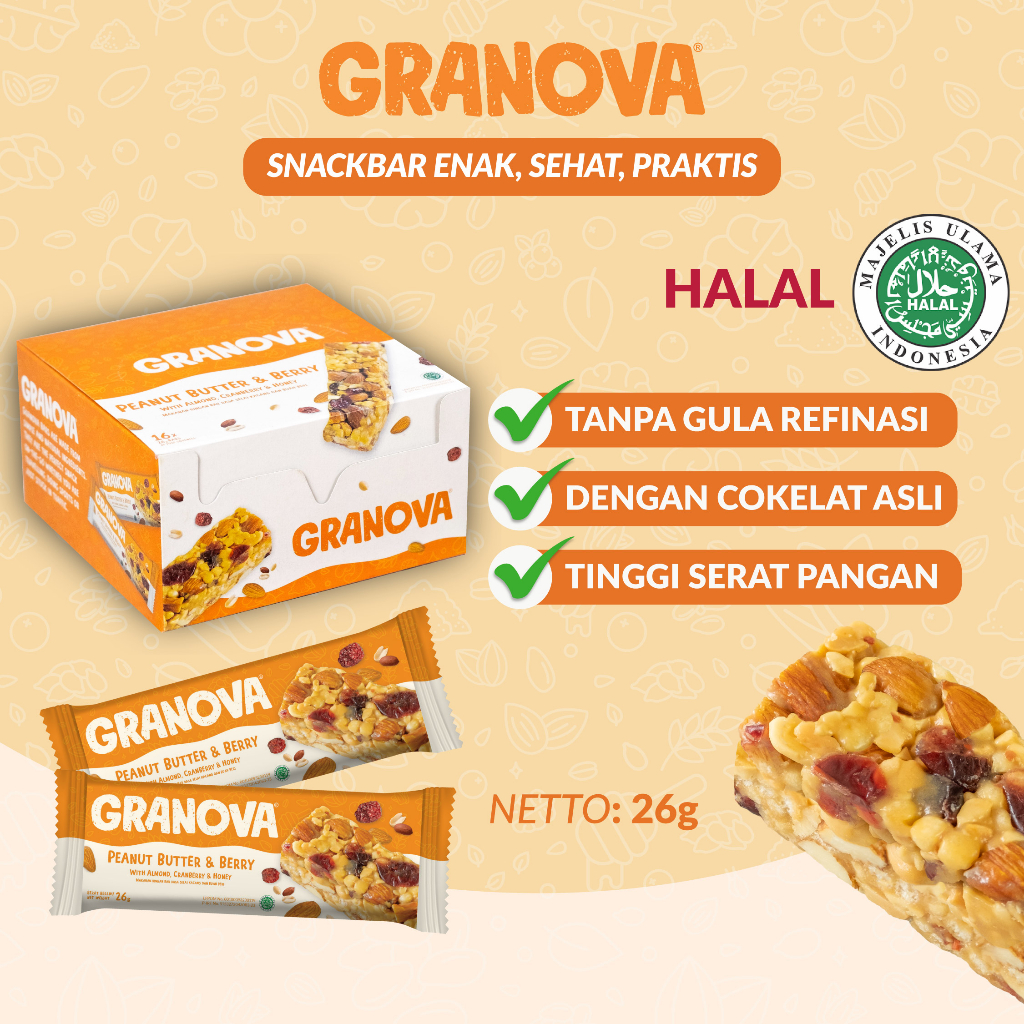 Granova - Snackbar Peanut Butter & Berry 26gr x 16 pcs (Rasa Selai Kacang & Beri) - Cemilan Sehat, Gandum, Halal