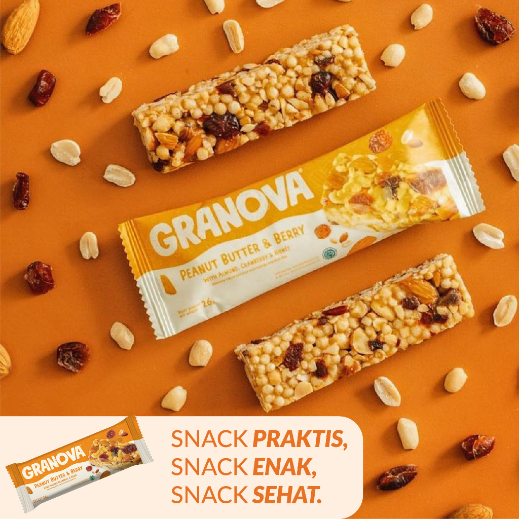 Granova - Snackbar Peanut Butter & Berry 26gr x 16 pcs (Rasa Selai Kacang & Beri) - Cemilan Sehat, Gandum, Halal