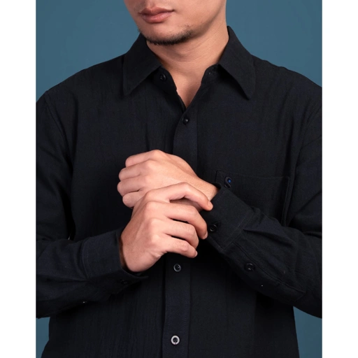 Image of Russtudio - Long Sleeve Linen Shirt Hitam | Kemeja Polos Linen Pria Lengan Panjang