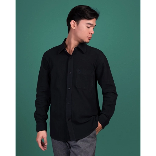 Image of Russtudio - Long Sleeve Linen Shirt Hitam | Kemeja Polos Linen Pria Lengan Panjang