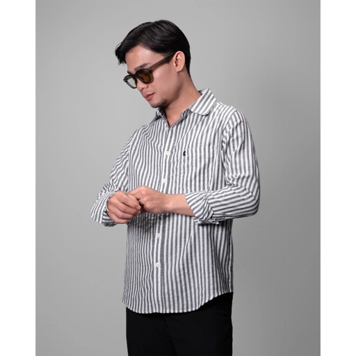 Image of Russtudio - Striped Long Sleeve Shirt - Hitam ( Kemeja Salur Pria )