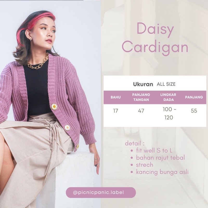 BOOLAO Picnic Panic Daisy Knit Cardigan (Sweater Rajut dengan Pressed Flower Kancing) - Rose Wine