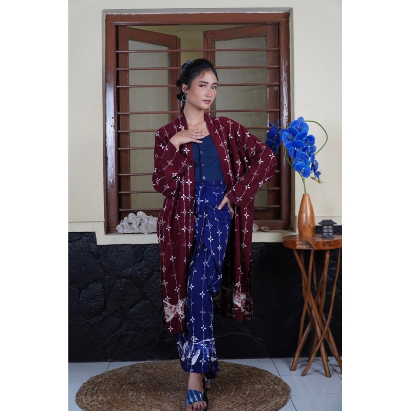 BOOLAO Kumeli Outer Kebaya Detachable (Kebaya Bongkar Pasang Batik Kawung) - Maroon