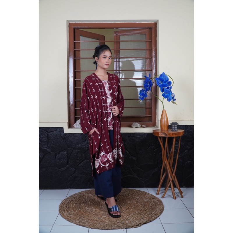 BOOLAO Kumeli Outer Kebaya Detachable (Kebaya Bongkar Pasang Batik Kawung) - Maroon