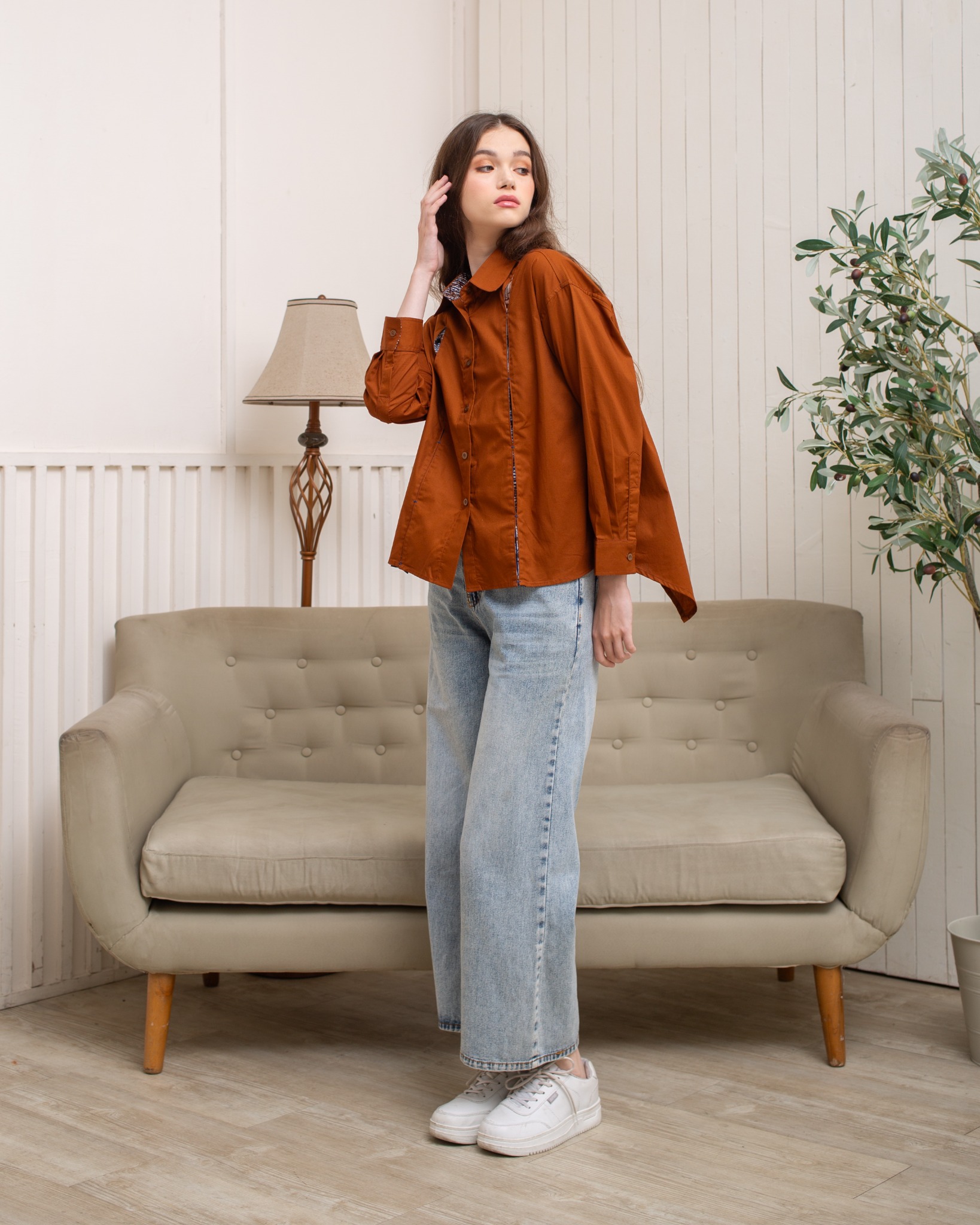 BOOLAO Kemeja Wanita Glimpse Shibori Tali - Brown Jacquard Batik