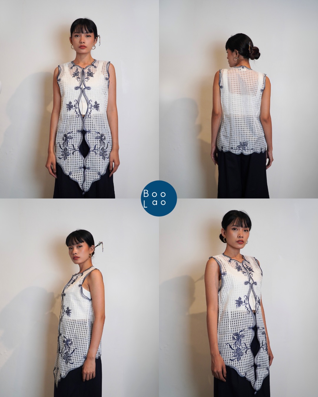 Djaline by Boolao Kebaya Vest Anggrek Bulan Putih Navy