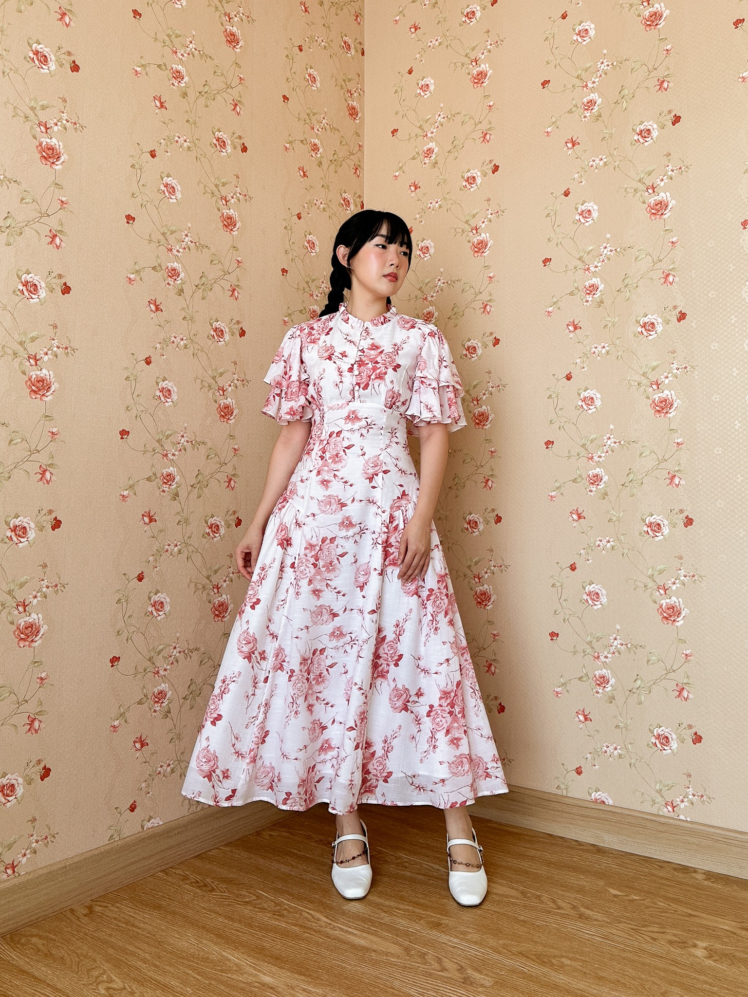 Rosalia Dress in White and Red Floral