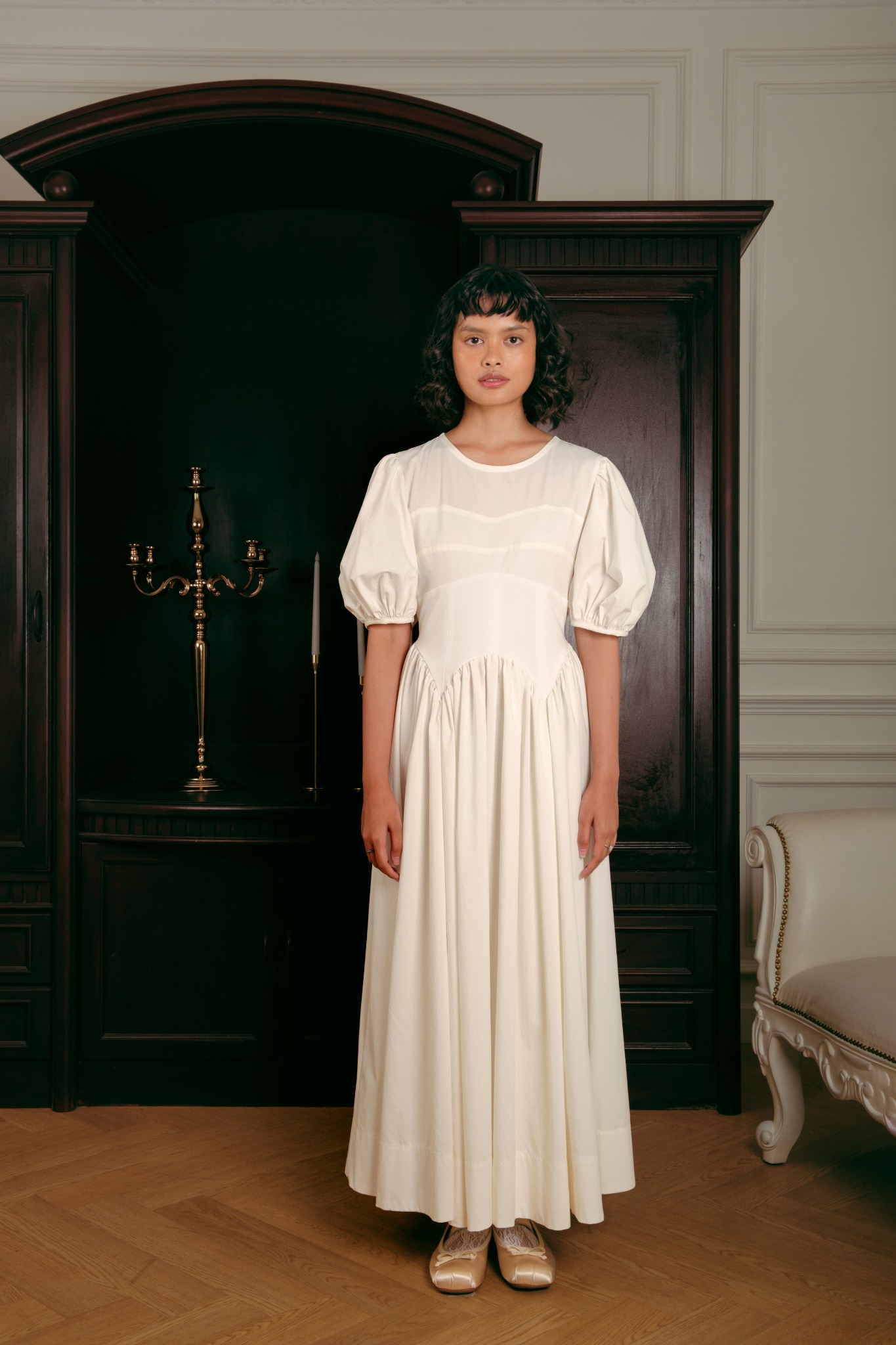 Lucienne Dress in White Short Sleeves