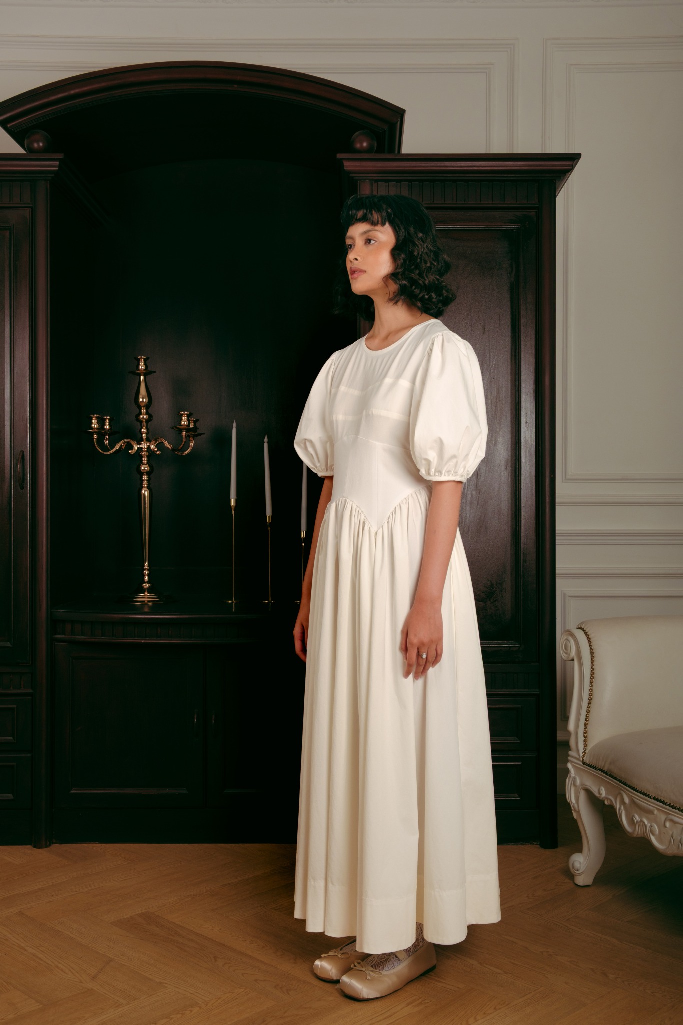 Lucienne Dress in White Short Sleeves