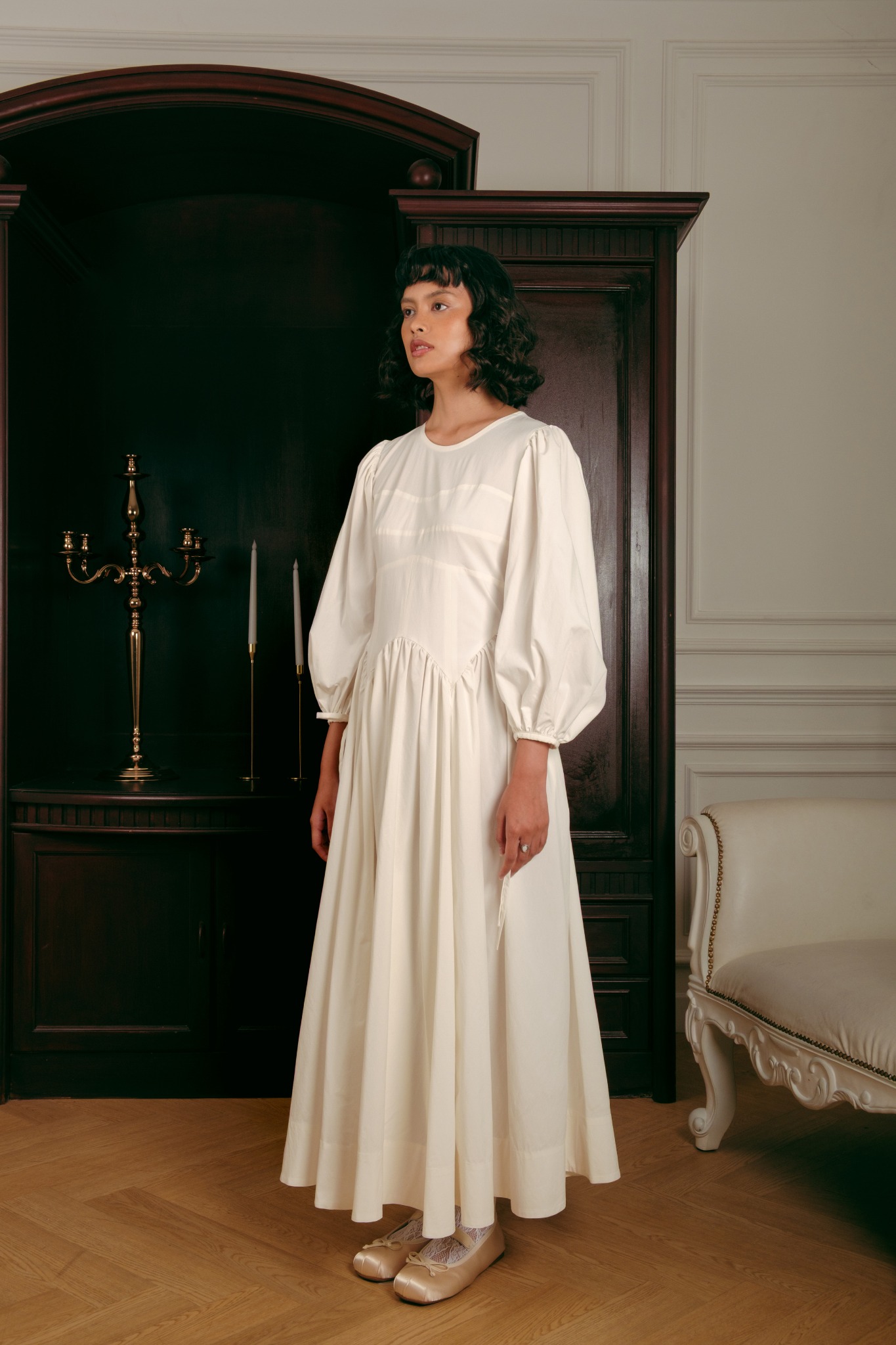 Lucienne Dress in White Long Sleeves