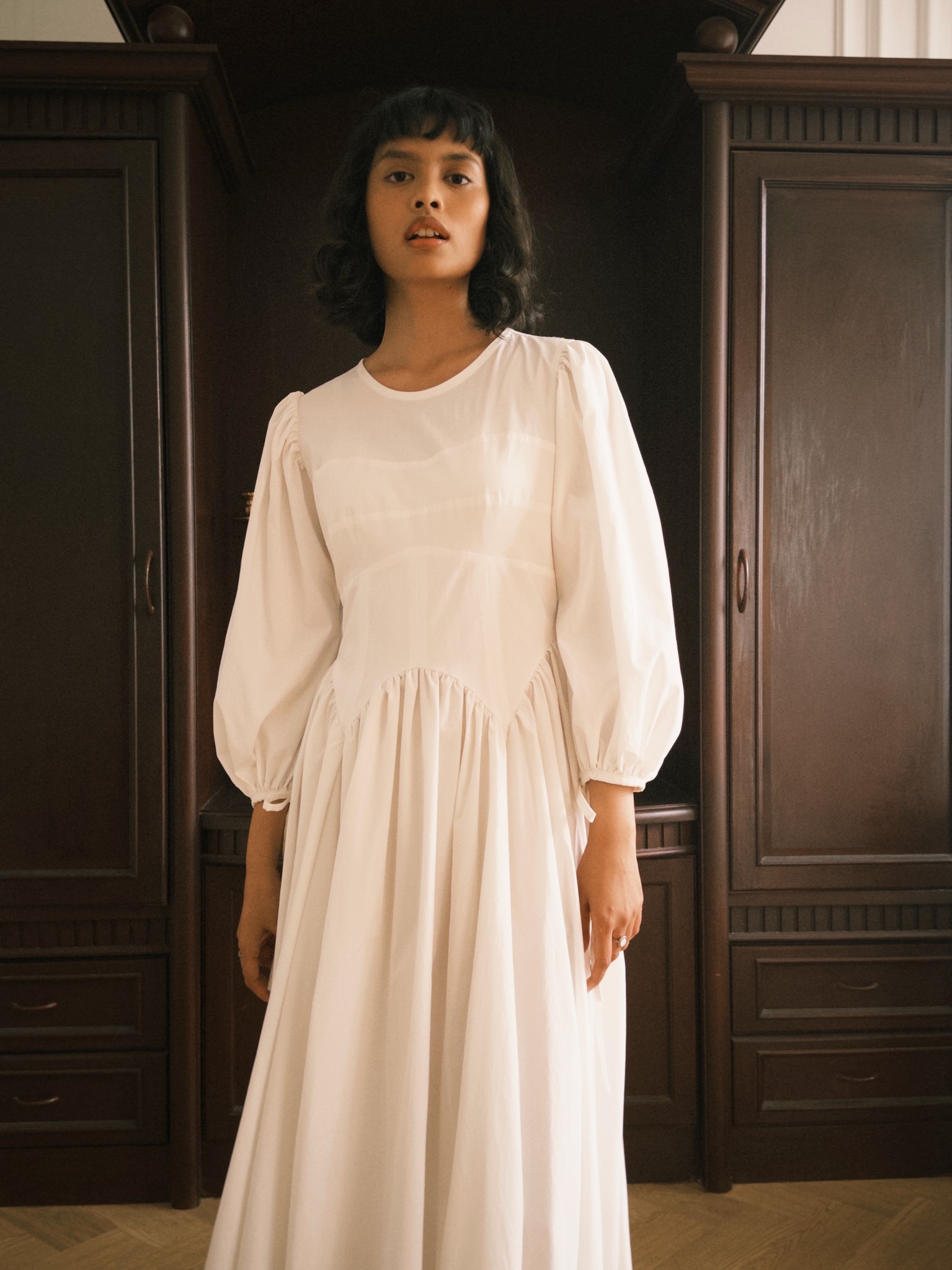 Lucienne Dress in White Long Sleeves