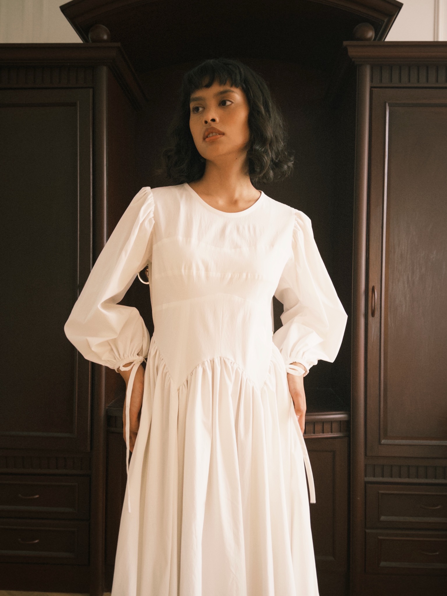 Lucienne Dress in White Long Sleeves