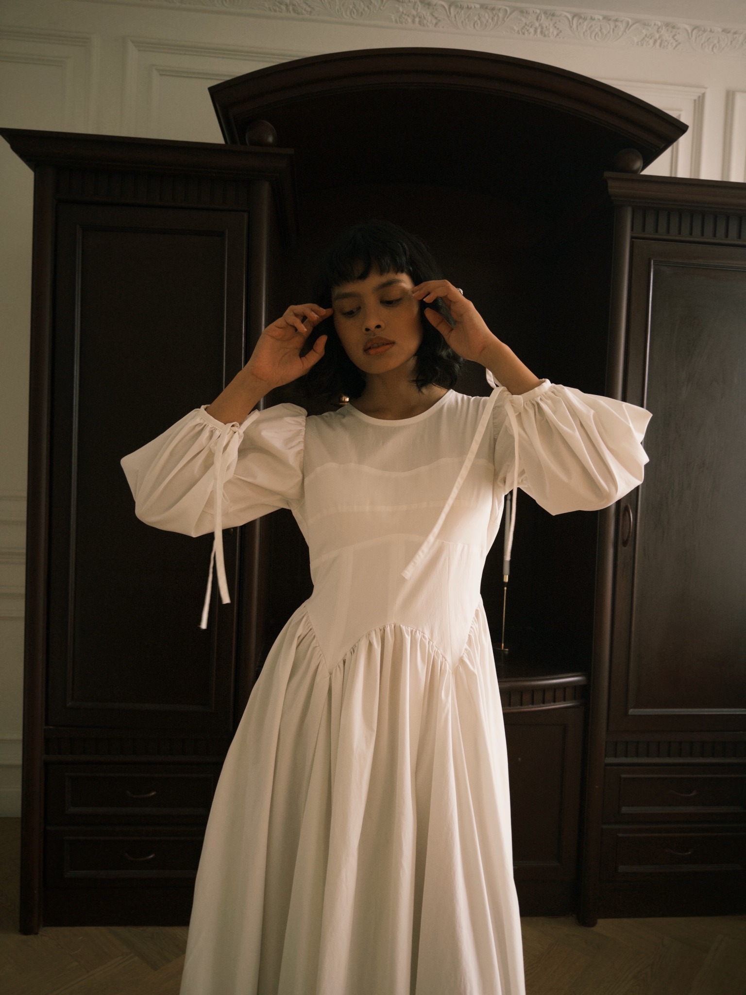 Lucienne Dress in White Long Sleeves