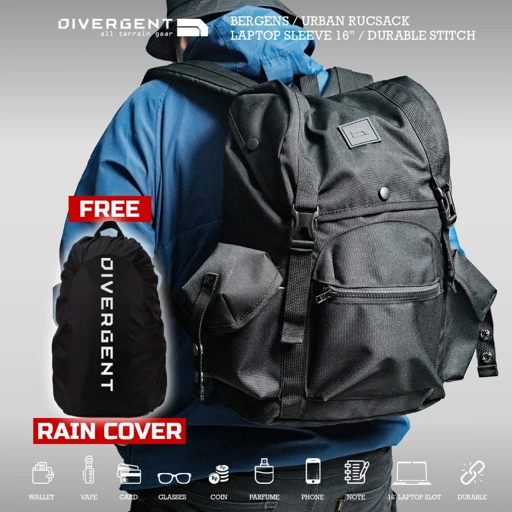 Image of BERGENS / Tas Ransel Laptop Traveling Backpack / DIVERGENT / hitam