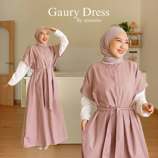 Image of Gaury Dress Syamaita Original Outer Busui Wudhu Friendly Umroh Daily Cotton Silk (lembut, tipis, adem, ringan, tidak menerawang) Mix Knit Bagian Tangan