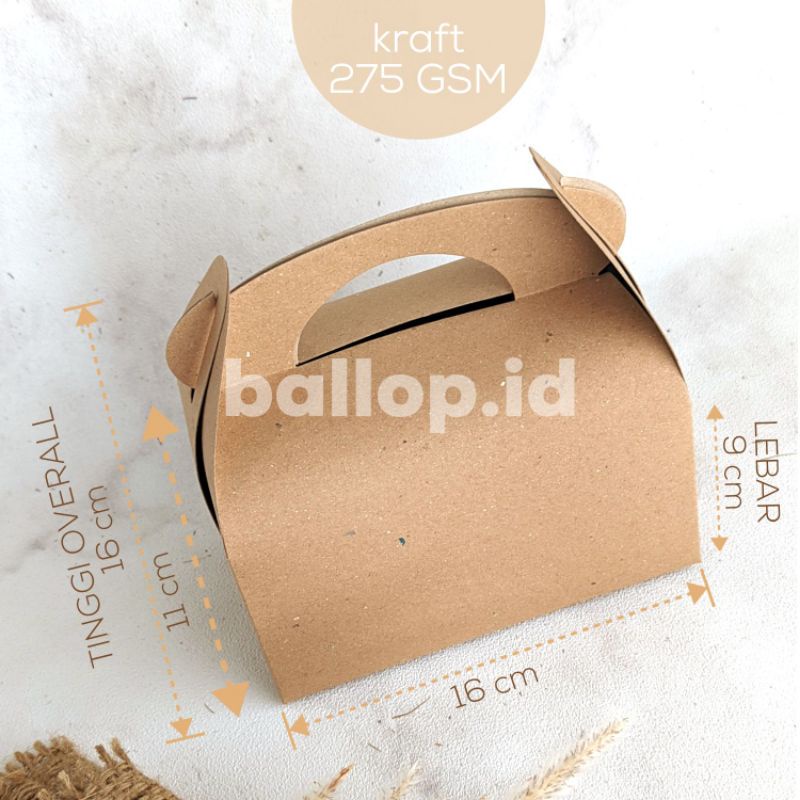 KRAFT 16 9 11 CM GABLE BOX Kotak Hamper Handle Snack Dessert Dus Roti Hampers